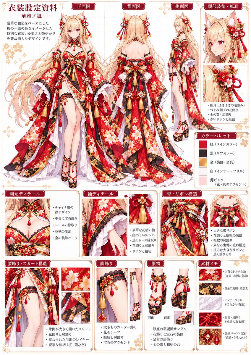 akaisuihanki_J's tweet photo. #衣装プロンプト
今回は「和装ドレス」です😘
何人かの方に、レムちゃんのドレス姿を褒めていただけたので、出してみようと思います！
洋風のドレスは結構見かけますが、和風のドレスは中々珍しいと思ったので構築してみた感じですヾ(*´∀｀*)ﾉ
プロンプトは最後に記載していますので、良ければ使ってみてください♪
#ジャア衣装プロンプト
#AIイラスト好きさんと繋がりたい

👇以下 衣装のプロンプトです👇

豪華絢爛な和風ファンタジー衣装、花魁・振袖・着物ドレスを融合した華やかなデザイン。
メインカラーは深い朱赤・黒・金・白。赤い上質な和布をベースに、金色の桜・牡丹・紅葉などの華やかな花柄金襴模様を全面に施している。黒地にも金色の植物文様を入れ、���級感のある豪華な刺繍と金箔風装飾。
上半身は肩を大きく露出したオフショルダーの着物風トップス。胸元は赤と黒の和柄生地を重ねた立体的なデザインで、縁に黒い繊細なレース。首元には黒×赤×金の和風チョーカー風襟、中央に金細工と赤い宝石のペンダント。
袖は非常に大きく広がる豪華な振袖で、赤地に金と白の花柄。袖口には黒い縁取りと金装飾、内側には白いフリルを何重にも重ねた姫袖風デザイン。肩から腕にかけて赤い花飾り、組紐、金色の房飾り、タッセルを多数配置。
腰には豪華な帯を幾重にも重ねた巨大な和風リボン帯。赤・黒・白・金の帯を複雑に組み合わせ、中央に大きな赤い花飾りと金細工。帯から長い金色・赤色の房飾り、組紐、宝石装飾が垂れている。
スカート部分は着物とロングドレスを融合した多層構造。左右��大きく広がる赤い裾、黒地の金襴パネル、白い内布を重ねた華やかなレイヤード。前方は大きく開いた大胆なハイスリットで片脚が見えるデザイン。裾は床まで届くロング丈で、左右に流れるようなドレープ。縁には金色のパイピング。
太ももには黒レースと赤い花、金装飾を組み合わせた和風ガーターアクセサリー。足首にも赤い花・金細工・赤い宝石・小さな房飾りを装着。
靴は黒×赤×金の和風厚底サンダル。高いプラットフォームソール、細い赤い鼻緒、金色の花模様と装飾。
全体に赤い椿・梅・桜を思わせる立体的な花飾り、金の組紐、鈴、房飾り、タッセル、赤い宝石、金細工を大量に使用。
豪華、艶やか、華麗、妖艶、上品、和風姫、花魁風、和洋折衷、ハイファンタジー、ソーシャルゲーム最高レア衣装、SSR衣装、細密な装飾。

ーーーーーーーーーーーーーーーーーーーーーーーーーーーーーー
下記は、さらに画像に近づける場合にお使いください。
末尾に、「左右非対称の着物ドレス、非常に細密な金襴模様、赤い花飾りを多数配置、長い振袖、巨大な帯結び、前開きハイスリット、床まで広がる豪華な裾、金色の房飾りが揺れるデザイン」
を強調して入れるとかなり効きます。
※画像の狐耳・髪飾りまで含めたい場合は、「金髪に合わせた狐耳、赤・白・金の和花髪飾り、赤い組紐、金の簪、長いタッセル」を追加すると近くなります。