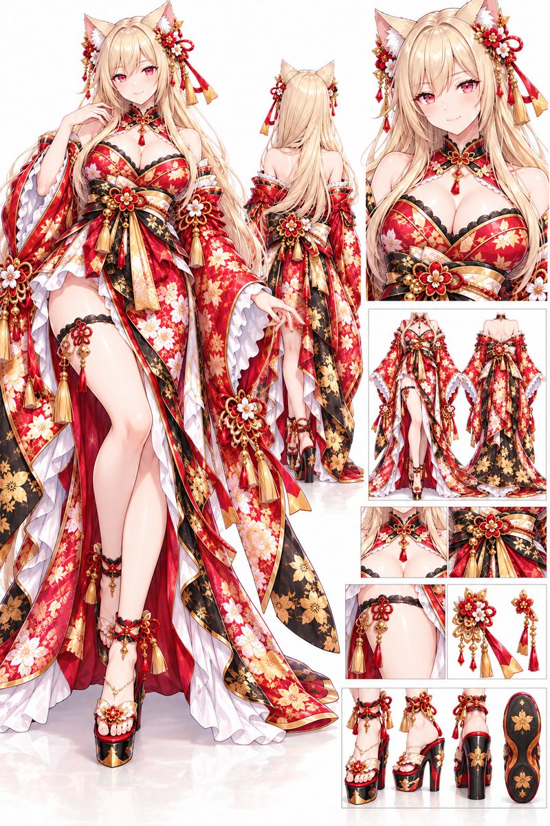 akaisuihanki_J's tweet photo. #衣装プロンプト
今回は「和装ドレス」です😘
何人かの方に、レムちゃんのドレス姿を褒めていただけたので、出してみようと思います！
洋風のドレスは結構見かけますが、和風のドレスは中々珍しいと思ったので構築してみた感じですヾ(*´∀｀*)ﾉ
プロンプトは最後に記載していますので、良ければ使ってみてください♪
#ジャア衣装プロンプト
#AIイラスト好きさんと繋がりたい

👇以下 衣装のプロンプトです👇

豪華絢爛な和風ファンタジー衣装、花魁・振袖・着物ドレスを融合した華やかなデザイン。
メインカラーは深い朱赤・黒・金・白。赤い上質な和布をベースに、金色の桜・牡丹・紅葉などの華やかな花柄金襴模様を全面に施している。黒地にも金色の植物文様を入れ、���級感のある豪華な刺繍と金箔風装飾。
上半身は肩を大きく露出したオフショルダーの着物風トップス。胸元は赤と黒の和柄生地を重ねた立体的なデザインで、縁に黒い繊細なレース。首元には黒×赤×金の和風チョーカー風襟、中央に金細工と赤い宝石のペンダント。
袖は非常に大きく広がる豪華な振袖で、赤地に金と白の花柄。袖口には黒い縁取りと金装飾、内側には白いフリルを何重にも重ねた姫袖風デザイン。肩から腕にかけて赤い花飾り、組紐、金色の房飾り、タッセルを多数配置。
腰には豪華な帯を幾重にも重ねた巨大な和風リボン帯。赤・黒・白・金の帯を複雑に組み合わせ、中央に大きな赤い花飾りと金細工。帯から長い金色・赤色の房飾り、組紐、宝石装飾が垂れている。
スカート部分は着物とロングドレスを融合した多層構造。左右��大きく広がる赤い裾、黒地の金襴パネル、白い内布を重ねた華やかなレイヤード。前方は大きく開いた大胆なハイスリットで片脚が見えるデザイン。裾は床まで届くロング丈で、左右に流れるようなドレープ。縁には金色のパイピング。
太ももには黒レースと赤い花、金装飾を組み合わせた和風ガーターアクセサリー。足首にも赤い花・金細工・赤い宝石・小さな房飾りを装着。
靴は黒×赤×金の和風厚底サンダル。高いプラットフォームソール、細い赤い鼻緒、金色の花模様と装飾。
全体に赤い椿・梅・桜を思わせる立体的な花飾り、金の組紐、鈴、房飾り、タッセル、赤い宝石、金細工を大量に使用。
豪華、艶やか、華麗、妖艶、上品、和風姫、花魁風、和洋折衷、ハイファンタジー、ソーシャルゲーム最高レア衣装、SSR衣装、細密な装飾。

ーーーーーーーーーーーーーーーーーーーーーーーーーーーーーー
下記は、さらに画像に近づける場合にお使いください。
末尾に、「左右非対称の着物ドレス、非常に細密な金襴模様、赤い花飾りを多数配置、長い振袖、巨大な帯結び、前開きハイスリット、床まで広がる豪華な裾、金色の房飾りが揺れるデザイン」
を強調して入れるとかなり効きます。
※画像の狐耳・髪飾りまで含めたい場合は、「金髪に合わせた狐耳、赤・白・金の和花髪飾り、赤い組紐、金の簪、長いタッセル」を追加すると近くなります。