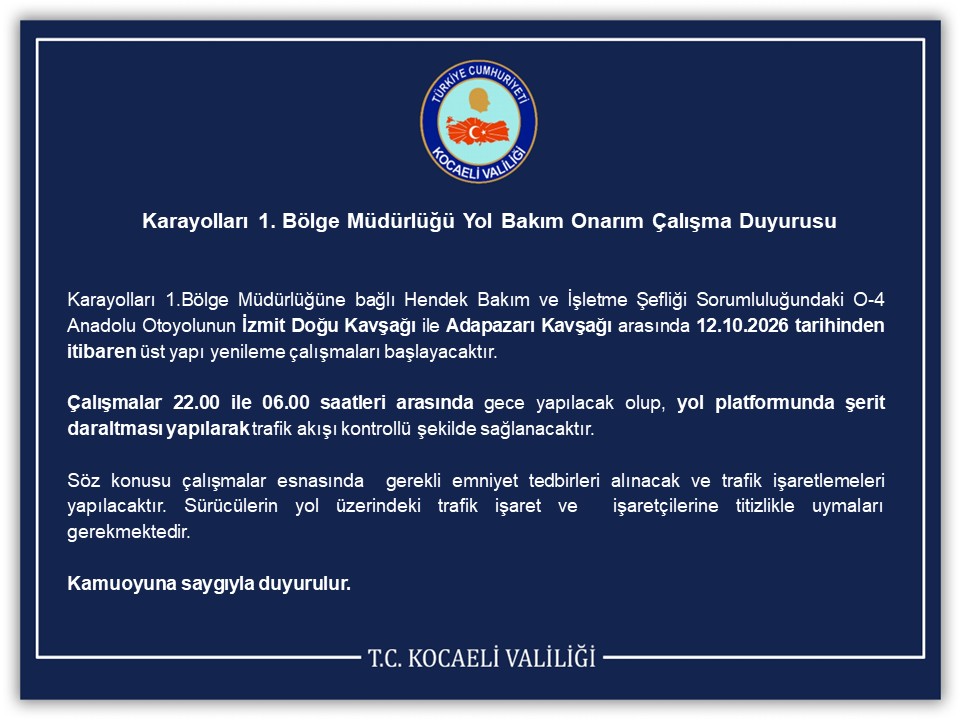 kocaelivaliligi's tweet photo. Karayolları 1. Bölge Müdürlüğü Yol Bakım Onarım Çalışma Duyurusu
⬇️
https://t.co/BHCtAcWNG5
@KarayollariGM https://t.co/pR6ucZU1ye
