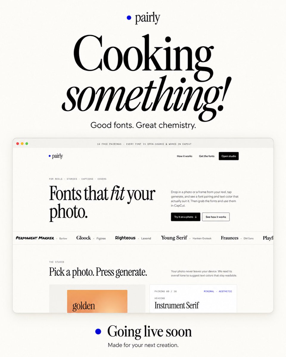 aasthauxdesign's tweet photo. your 47 open font tabs? i get it 😭
so i’m building Pairly — drop a photo, find fonts that match the vibe, get back to creating.
still cooking. serving soon 👩🏻‍🍳💙
#Pairly #ComingSoon #Typography https://t.co/PGuQiuX6pX