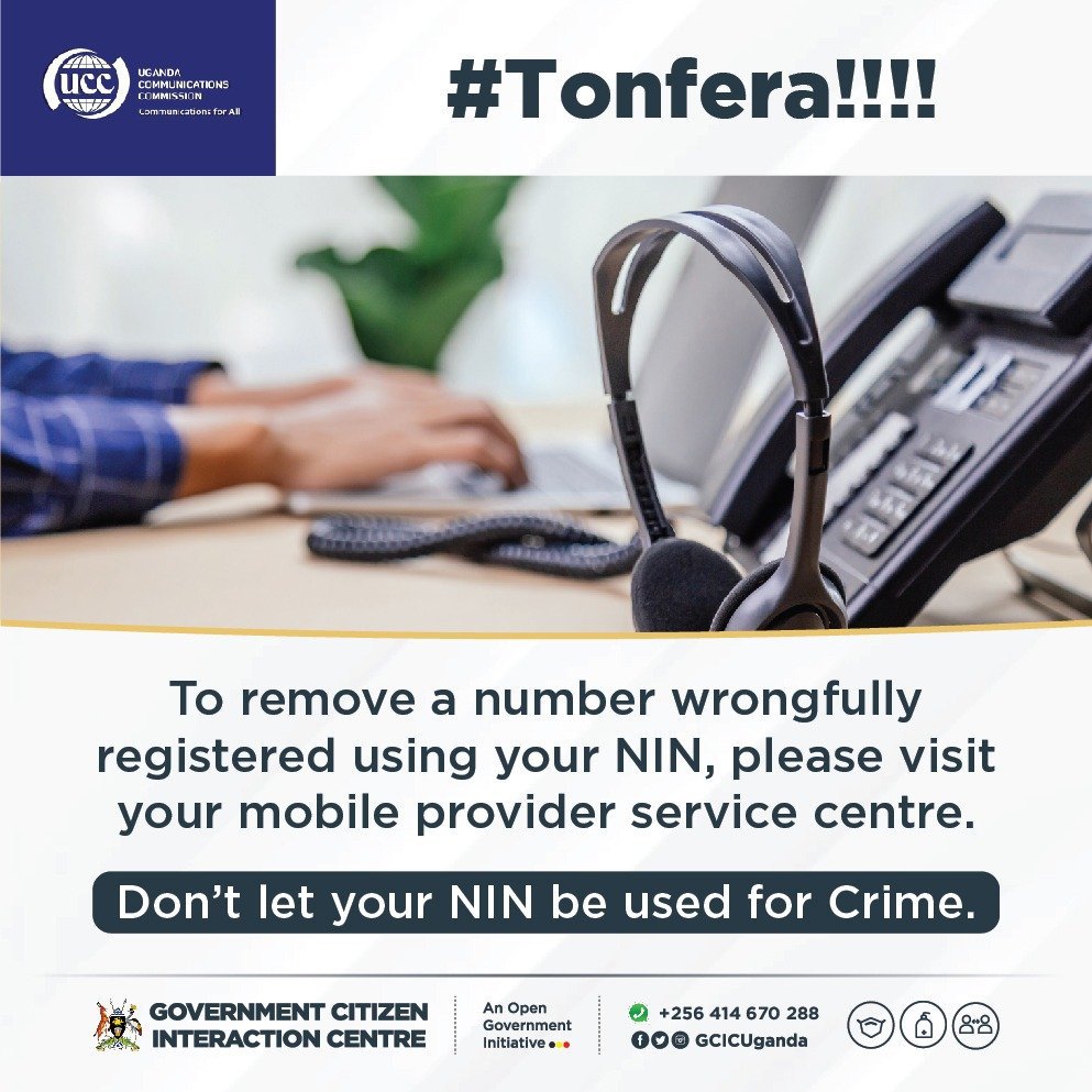AdaZytoon's tweet photo. Did you know someone could be using your NIN without your knowledge? Visit your telecom service center to deregister any unrecognized numbers tied to your NIN. Stay safe! #Tonfera #GoldenPosts @UCC_Official @ConsumerUCC @UgCERT @GCICUganda https://t.co/iO4mfg4GVv