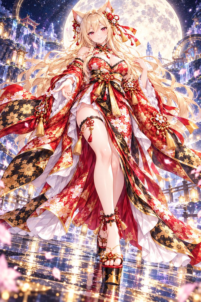 akaisuihanki_J's tweet photo. #衣装プロンプト
今回は「和装ドレス」です😘
何人かの方に、レムちゃんのドレス姿を褒めていただけたので、出してみようと思います！
洋風のドレスは結構見かけますが、和風のドレスは中々珍しいと思ったので構築してみた感じですヾ(*´∀｀*)ﾉ
プロンプトは最後に記載していますので、良ければ使ってみてください♪
#ジャア衣装プロンプト
#AIイラスト好きさんと繋がりたい

👇以下 衣装のプロンプトです👇

豪華絢爛な和風ファンタジー衣装、花魁・振袖・着物ドレスを融合した華やかなデザイン。
メインカラーは深い朱赤・黒・金・白。赤い上質な和布をベースに、金色の桜・牡丹・紅葉などの華やかな花柄金襴模様を全面に施している。黒地にも金色の植物文様を入れ、���級感のある豪華な刺繍と金箔風装飾。
上半身は肩を大きく露出したオフショルダーの着物風トップス。胸元は赤と黒の和柄生地を重ねた立体的なデザインで、縁に黒い繊細なレース。首元には黒×赤×金の和風チョーカー風襟、中央に金細工と赤い宝石のペンダント。
袖は非常に大きく広がる豪華な振袖で、赤地に金と白の花柄。袖口には黒い縁取りと金装飾、内側には白いフリルを何重にも重ねた姫袖風デザイン。肩から腕にかけて赤い花飾り、組紐、金色の房飾り、タッセルを多数配置。
腰には豪華な帯を幾重にも重ねた巨大な和風リボン帯。赤・黒・白・金の帯を複雑に組み合わせ、中央に大きな赤い花飾りと金細工。帯から長い金色・赤色の房飾り、組紐、宝石装飾が垂れている。
スカート部分は着物とロングドレスを融合した多層構造。左右��大きく広がる赤い裾、黒地の金襴パネル、白い内布を重ねた華やかなレイヤード。前方は大きく開いた大胆なハイスリットで片脚が見えるデザイン。裾は床まで届くロング丈で、左右に流れるようなドレープ。縁には金色のパイピング。
太ももには黒レースと赤い花、金装飾を組み合わせた和風ガーターアクセサリー。足首にも赤い花・金細工・赤い宝石・小さな房飾りを装着。
靴は黒×赤×金の和風厚底サンダル。高いプラットフォームソール、細い赤い鼻緒、金色の花模様と装飾。
全体に赤い椿・梅・桜を思わせる立体的な花飾り、金の組紐、鈴、房飾り、タッセル、赤い宝石、金細工を大量に使用。
豪華、艶やか、華麗、妖艶、上品、和風姫、花魁風、和洋折衷、ハイファンタジー、ソーシャルゲーム最高レア衣装、SSR衣装、細密な装飾。

ーーーーーーーーーーーーーーーーーーーーーーーーーーーーーー
下記は、さらに画像に近づける場合にお使いください。
末尾に、「左右非対称の着物ドレス、非常に細密な金襴模様、赤い花飾りを多数配置、長い振袖、巨大な帯結び、前開きハイスリット、床まで広がる豪華な裾、金色の房飾りが揺れるデザイン」
を強調して入れるとかなり効きます。
※画像の狐耳・髪飾りまで含めたい場合は、「金髪に合わせた狐耳、赤・白・金の和花髪飾り、赤い組紐、金の簪、長いタッセル」を追加すると近くなります。