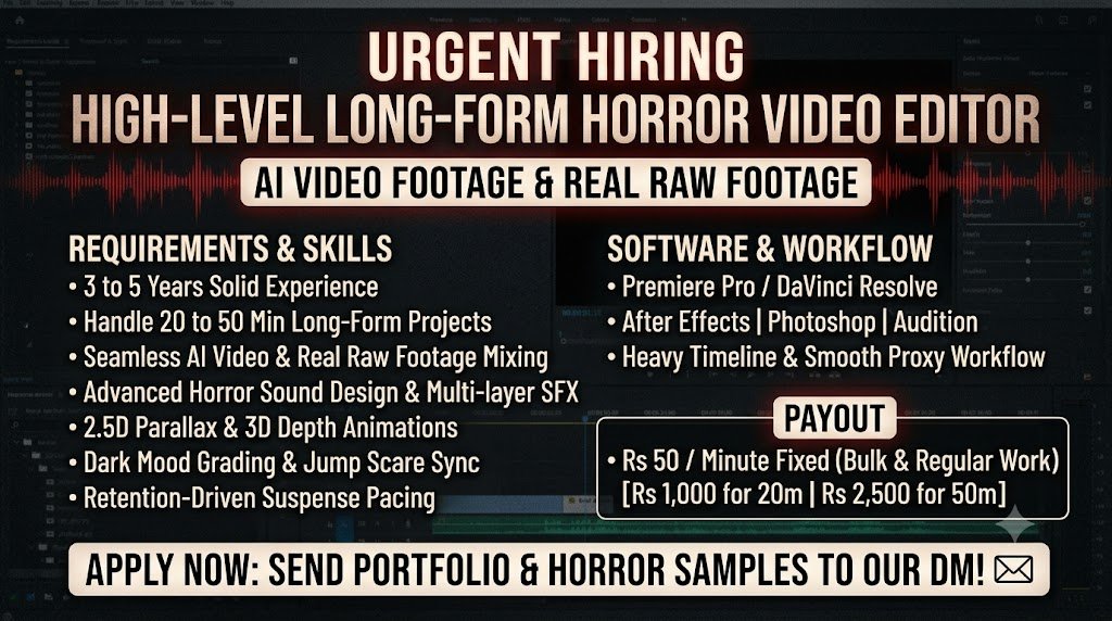 johnf8d0's tweet photo. • Exp: 3–5 Yrs
• Length: 20–50 Min
• Work: AI &amp; Real Raw Footage + Horror Sound Design
• Pay: ₹50/min fixed (Bulk work)   Interested log portfolio ke sath DM karein! 📩 https://t.co/vO7Pp2xAdo