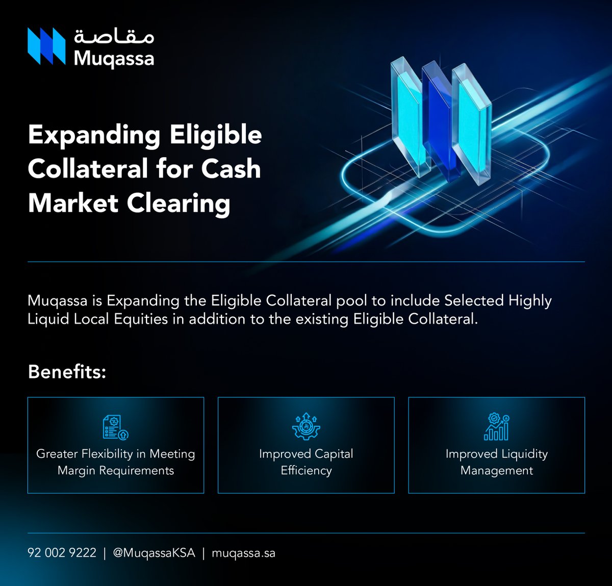 MuqassaKSA's tweet photo. #Muqassa expands its eligible collateral framework for cash market clearing to include selected highly liquid local equities 📊
For more: https://t.co/PfTXFMs4Xd https://t.co/Cq7WiKFP6p