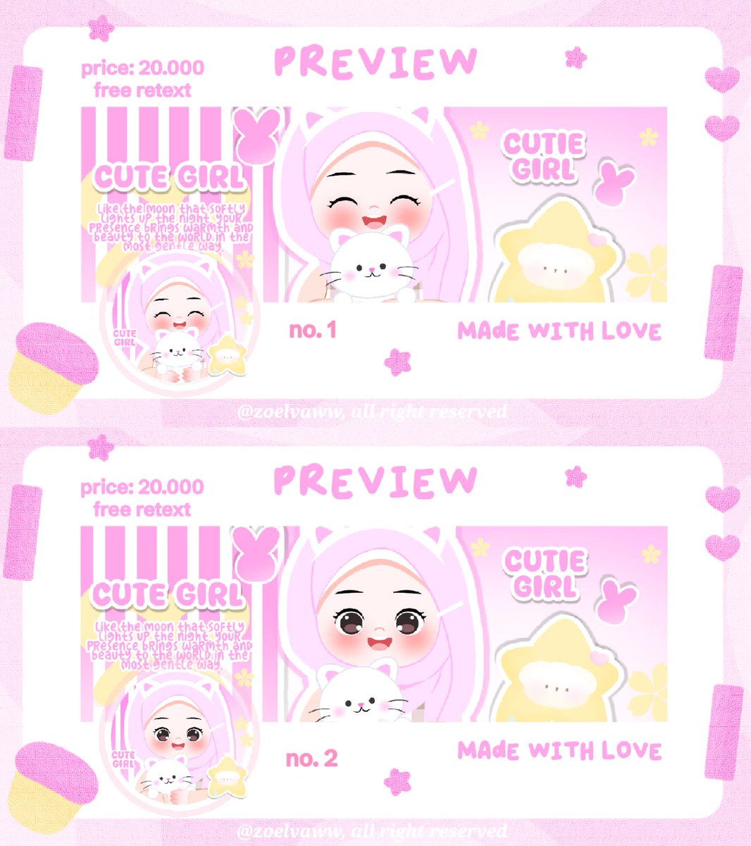 zoelvaww's tweet photo. help rt, thanks! 🩷

haii aku ada 24 ready stok layout chibi cewe gemas harganya hanya 20.000/ea (free retext ) layout nya avail bundle wabis. yuk di take layout nya 💗 

layout x only: 20k/ea
layout wabis only: 18k/ea
bundle wabis: 38k/ea

#zonauang https://t.co/LroTXTUkDY