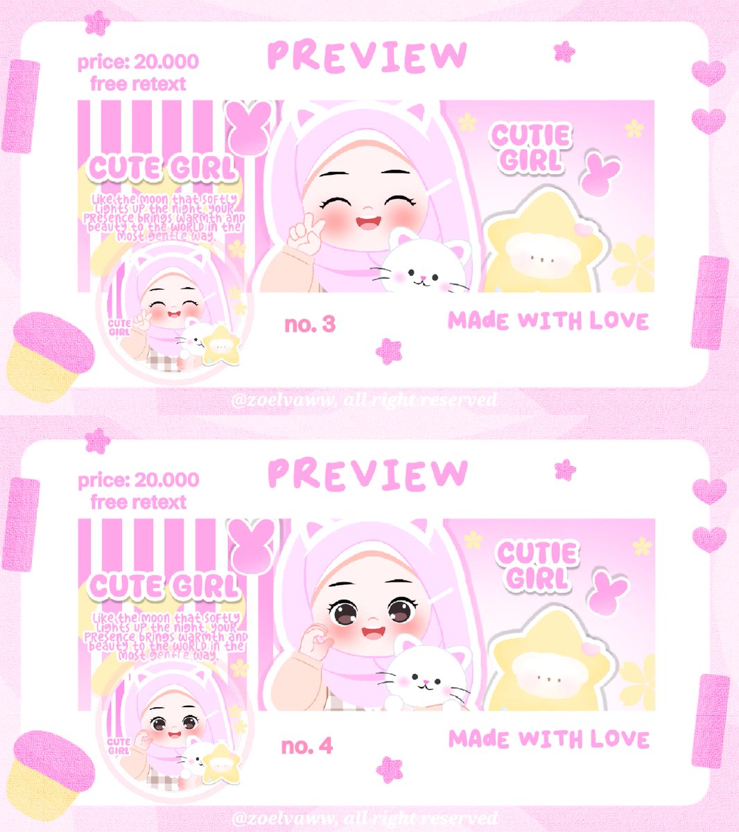 zoelvaww's tweet photo. help rt, thanks! 🩷

haii aku ada 24 ready stok layout chibi cewe gemas harganya hanya 20.000/ea (free retext ) layout nya avail bundle wabis. yuk di take layout nya 💗 

layout x only: 20k/ea
layout wabis only: 18k/ea
bundle wabis: 38k/ea

#zonauang https://t.co/LroTXTUkDY