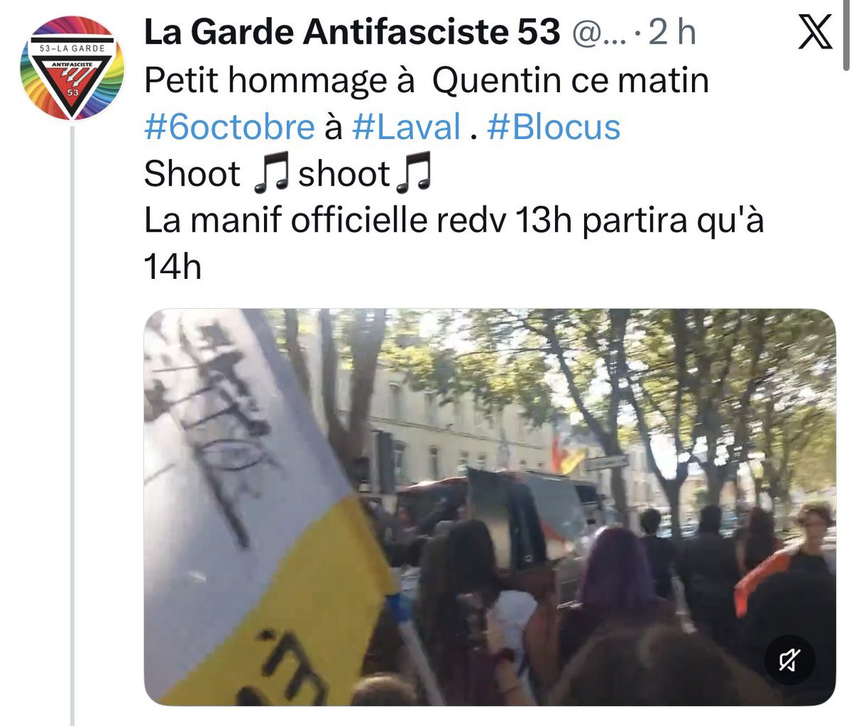 Frontieresmedia's tweet photo. « Shoot dans la tête, shoot dans la tête ! »

🚨 ALERTE - Avant de manifester à Laval, des Antifas revendiquent rendre un « petit hommage à Quentin » en appelant à la violence. https://t.co/J9beIOMUfW