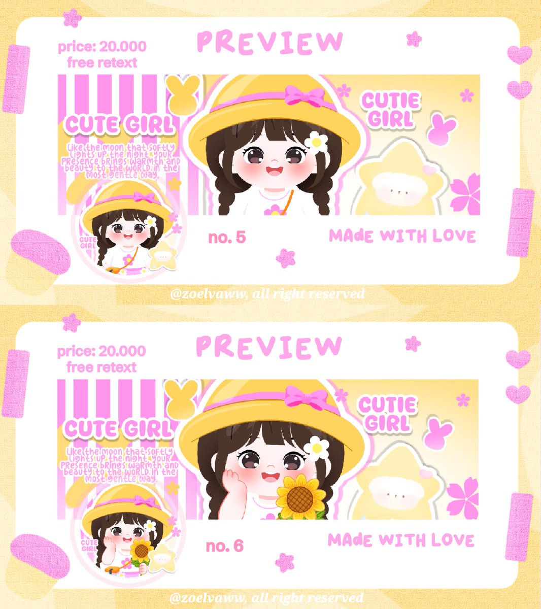 zoelvaww's tweet photo. help rt, thanks! 🩷

haii aku ada 24 ready stok layout chibi cewe gemas harganya hanya 20.000/ea (free retext ) layout nya avail bundle wabis. yuk di take layout nya 💗 

layout x only: 20k/ea
layout wabis only: 18k/ea
bundle wabis: 38k/ea

#zonauang https://t.co/LroTXTUkDY