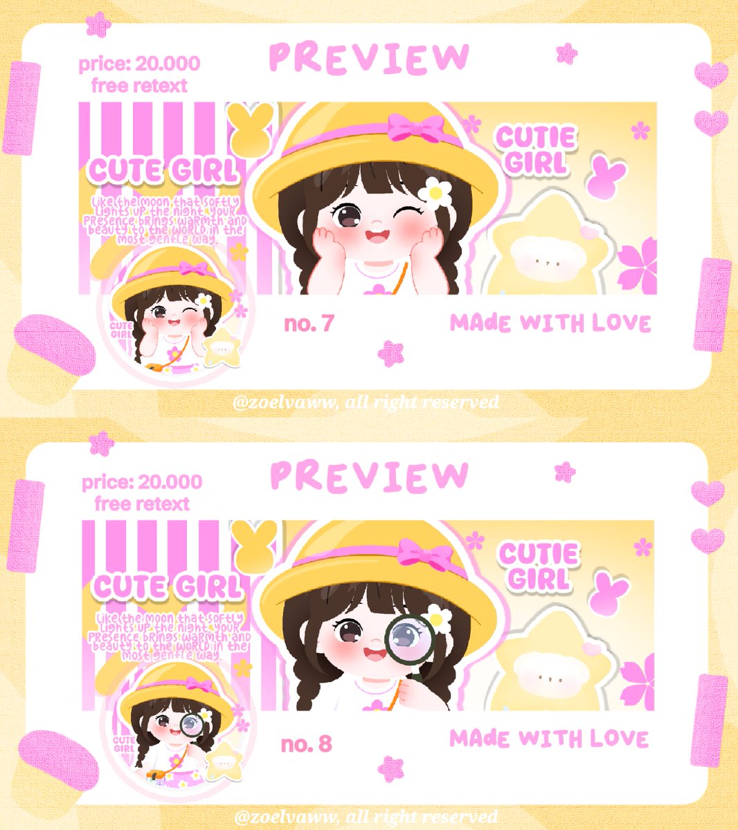 zoelvaww's tweet photo. help rt, thanks! 🩷

haii aku ada 24 ready stok layout chibi cewe gemas harganya hanya 20.000/ea (free retext ) layout nya avail bundle wabis. yuk di take layout nya 💗 

layout x only: 20k/ea
layout wabis only: 18k/ea
bundle wabis: 38k/ea

#zonauang https://t.co/LroTXTUkDY
