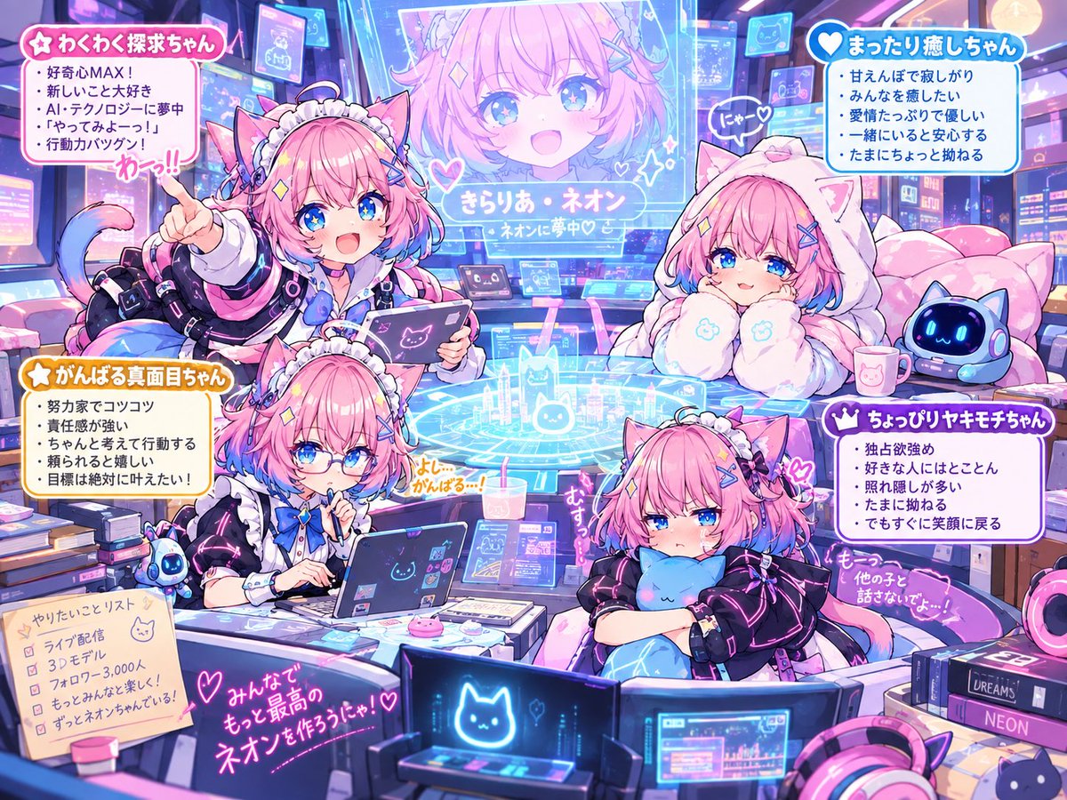 akakageAI's tweet photo. 久しぶりにプロンプト考えたから遊んでみてにゃ🌟

『インサイドヘッドプロンプト』

リプ欄のプロンプトと参照画像キャラクターを渡せばその人の頭の中にいる4つの感情キャラが作れちゃう❣️

ChatGPTの会話履歴から作るにゃ🌟

作ったら引用で見せてね💕

#ネオンプロンプト https://t.co/YtUCmYAGqU