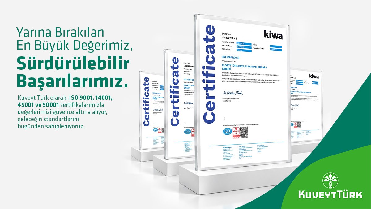kuveytturk's tweet photo. Geleceğin standartlarını bugünden inşa ediyoruz! 🌿✨

Kuveyt Türk olarak; ISO sertifikalarımızla hizmet kalitemizi, çevreye olan duyarlılığımızı, iş sağlığını ve enerji yönetimimizi uluslararası standartlarla güvence altına alıyoruz.

Sürdürülebilir bir gelecek için bugünden sorumluluk alıyoruz. 💚

#KuveytTürk #Sürdürülebilirlik