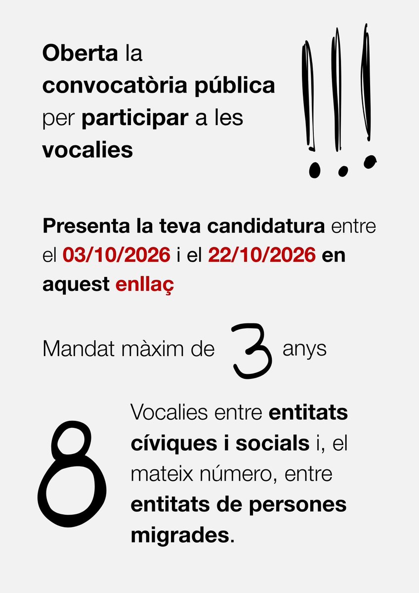 dsocialscat's tweet photo. 📢 Oberta la convocatòria de vocalies de la Taula de Ciutadania i Immigració

Vols que la veu de la teva entitat contribueixi a les polítiques públiques de ciutadania i migració?

🗓️ Presenta la teva candidatura del 3 al 22 d’octubre de 2026
✅ 8 vocalies per a entitats cíviques i socials
✅ 8 vocalies per a entitats de persones migrades
✅ Mandat de 3 anys

🔗 https://t.co/QipSQ0lhO9

#TaulaCiutadaniaImmigració