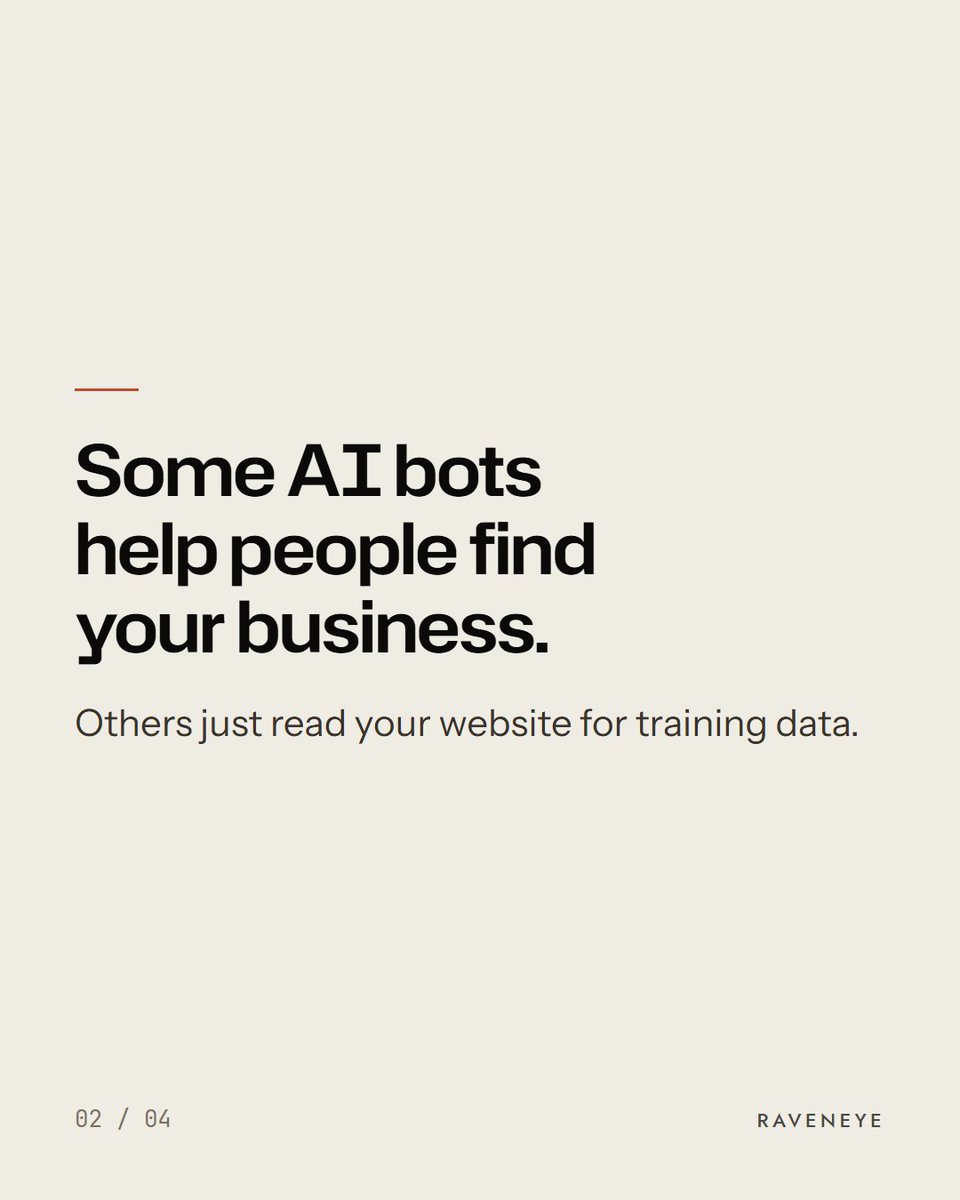 Raveneyeglobal's tweet photo. You don't have to treat every AI bot the same. Some help people find your business. Others just read your site for training data. You can allow the first and block the second. A tool from Cloudflare made this a simple setting in August. Ask the person who runs your website. https://t.co/9XBhSuqcYY