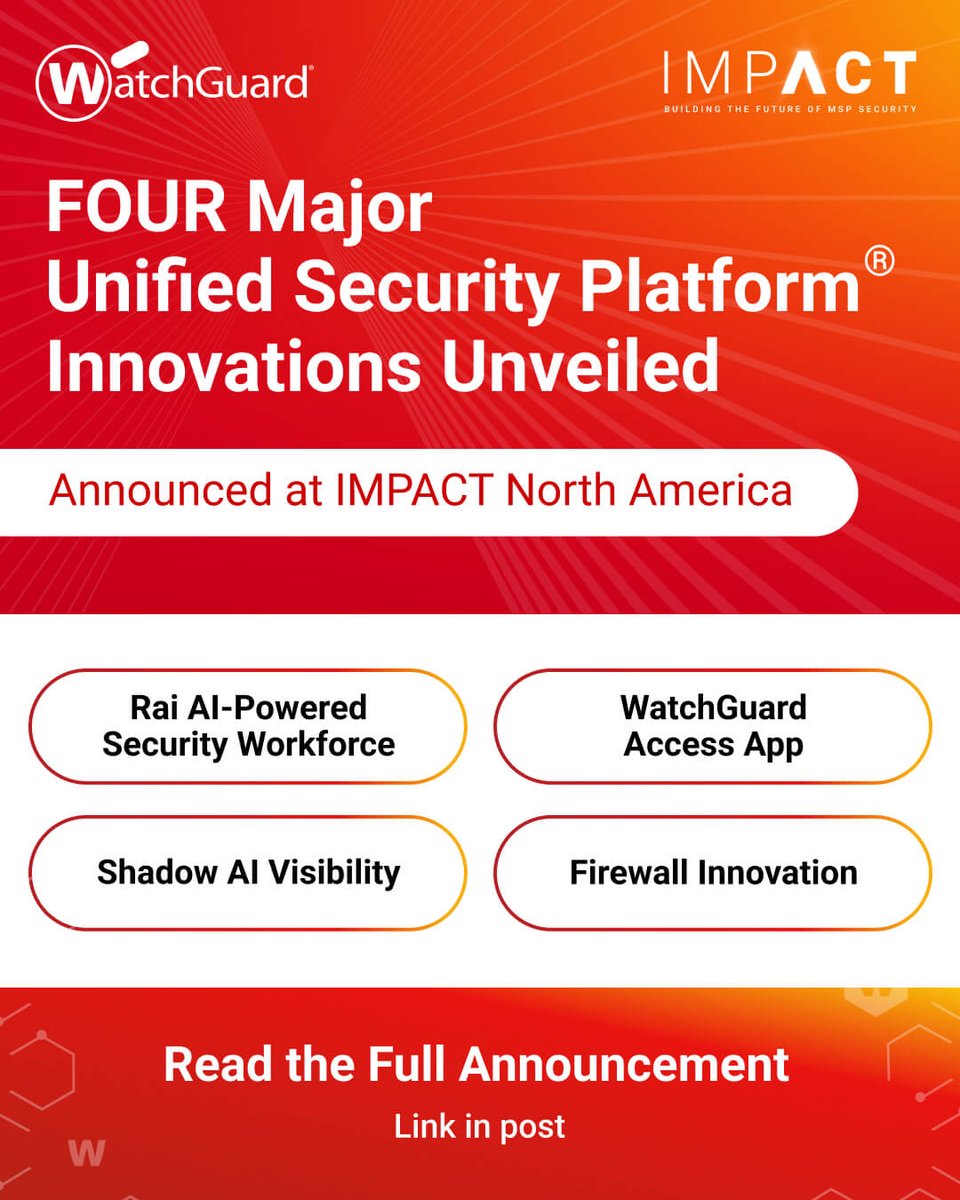 WatchGuardSpain's tweet photo. Lanzamos 4 innovaciones para ayudar a los MSP a reforzar la seguridad y simplificar las operaciones: Rai, el equipo de seguridad impulsado por IA, visibilidad del Shadow AI, WatchGuard Access App y novedades en firewalls. Conoce más detalles: https://t.co/YmfZ26hjMh 
#WGImpact https://t.co/9YzWi6dDcK