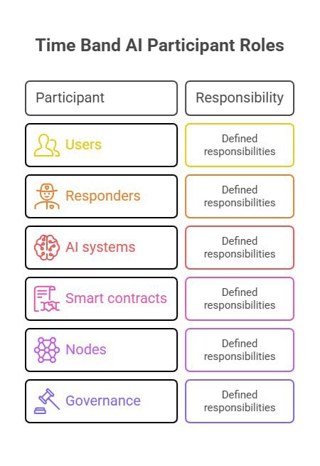 TimeBandSI's tweet photo. A serious decentralized protocol should define the responsibilities of every major participant.

Time Band AI separates the roles of users, responders, AI systems, smart contracts, nodes, and governance.

Clear responsibilities create clearer system design.

#TimeBandAI https://t.co/nSOT13nfGX