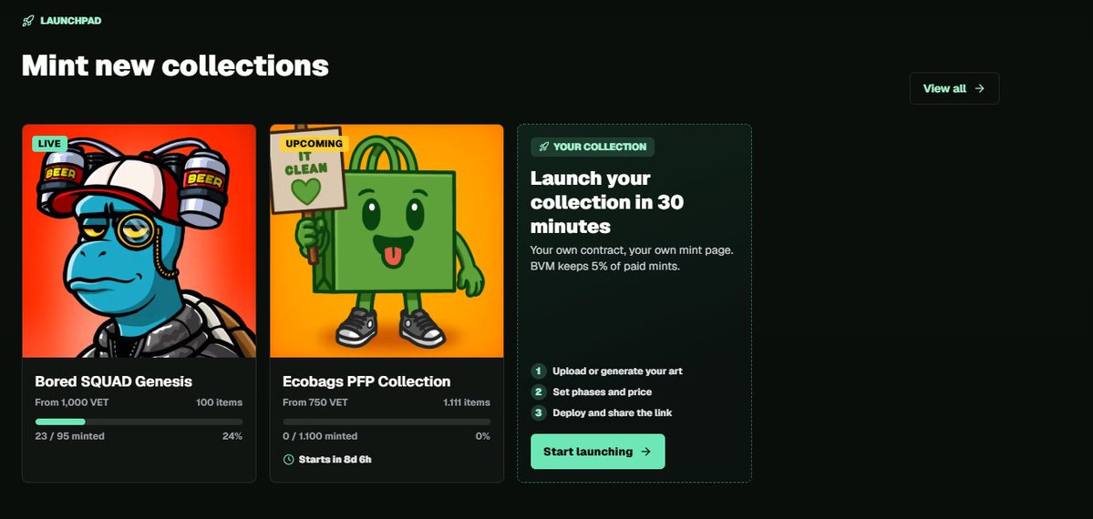 BlackVeMarket's tweet photo. Wanna launch a PFP Collection? 

On @vechainofficial we have build an complete PFP Factory!

If you have the art you can launch within 30 Minutes!

Set details, Generate the collection, Deploy the Smart contract!

All with our Tools!

Fees? Just 5% of your Revenue! https://t.co/1ur4qyJWXo