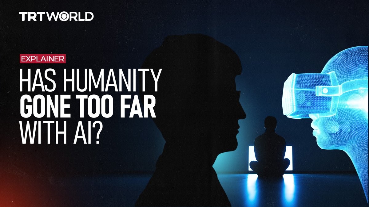 The image is a TRT World explainer thumbnail titled "HAS HUMANITY GONE TOO FAR WITH AI?" featuring a silhouetted human profile facing a glowing blue digital head wearing a VR headset, with a small meditating figure illuminated between them—visually symbolizing the tension between humanity, technology, and the unchecked advance of artificial intelligence explored in the article.