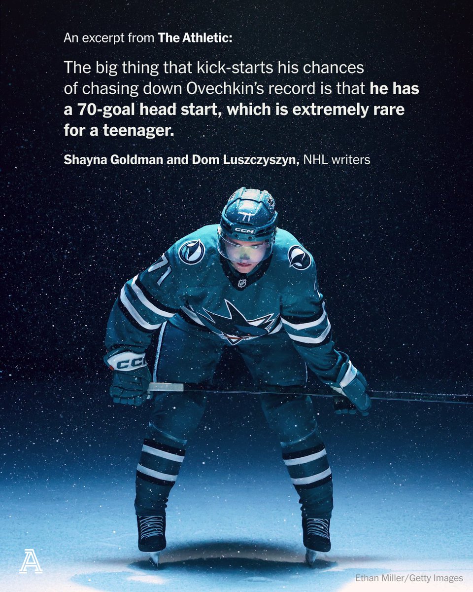 TheAthletic's tweet photo. There’s a reason Wayne Gretzky’s goals record stood as long as it did, and there’s a strong chance that Alex Ovechkin’s entry will stand even longer.

But if everything does go right, there is one potential threat who could have a real shot at Ovechkin’s record years from now.

Enter Macklin Celebrini.