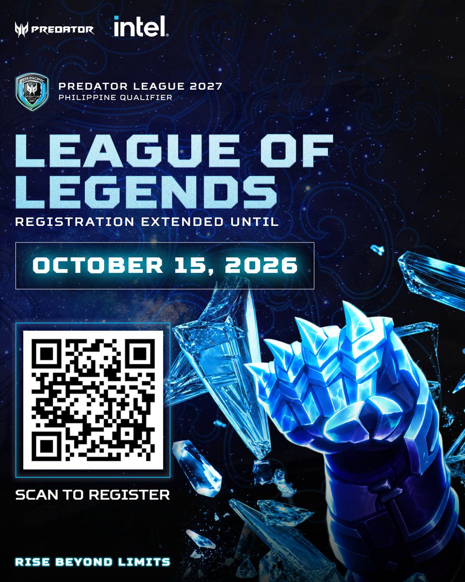 predatorph's tweet photo. Missed your chance to register for the Predator League 2027 Philippine Qualifier – League of Legends? You’ve got more time to enter the Rift.

📅 Registration Extended: October 15, 2026 at 7:00 PM
League of Legends Qualifiers (Offstream): October 18

#PredatorGaming #ItLiesWithin https://t.co/M7BB2Go9Ge