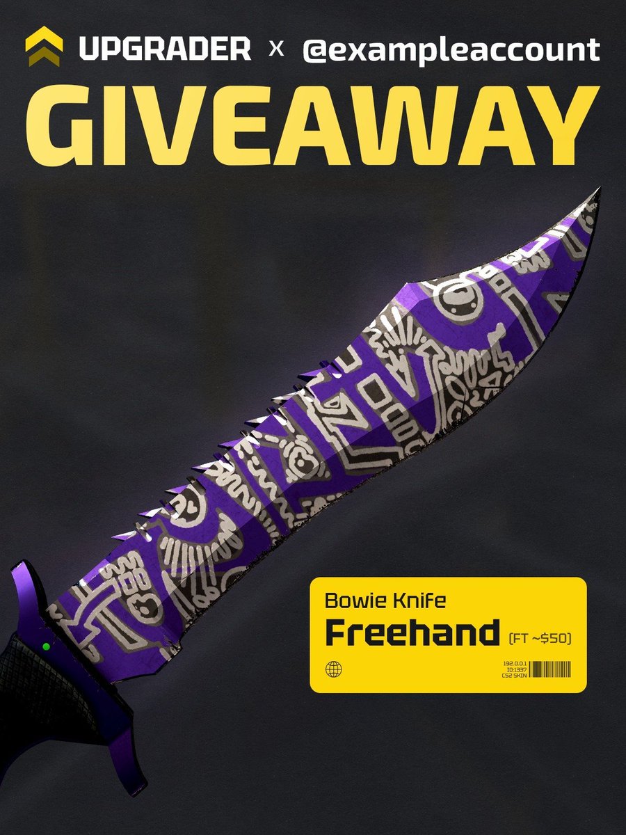 exampleaccount's tweet photo. 🎁 GIVEAWAY Bowie Knife | Freehand FT ($50)

✅ Follow Me & @upgradercs 
✅ Retweet
✅ Tag a Friend

⏰ Rolling in 7 Days!