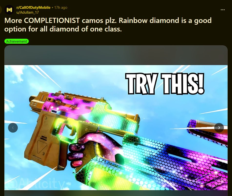 JHCGaming's tweet photo. From Reddit: Would be so nice to get a reward for completing all Diamonds, or all from the same class or whatever. Been talking about this for years! #codm #codmobile https://t.co/KH2tsfqKSo