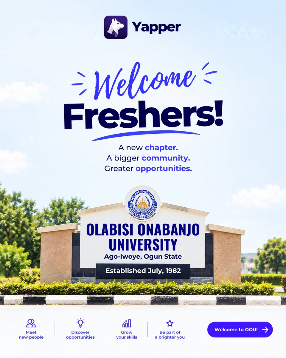 Yapper_oou's tweet photo. Welcome to OOU, Freshers! 🎉💙
A new chapter. A bigger community. Greater opportunities.
Your journey starts here. Connect, discover, grow, and make the most of your OOU experience. 🚀
Welcome to Yapper! ����💜
#YapperOOU #OOUFreshers #WelcomeToOOU https://t.co/DoxgysVIpv