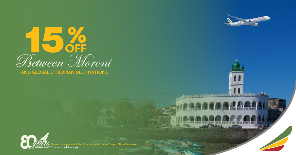 flyethiopian's tweet photo. Enjoy 15% off flights between Moroni and our destinations worldwide.
Book now and take advantage of this offer!
https://t.co/4szPVI3rMG...
#EthiopianAirlines #TravelDeals https://t.co/yf2vUIDF0S