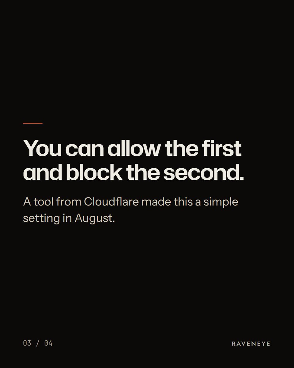 Raveneyeglobal's tweet photo. You don't have to treat every AI bot the same. Some help people find your business. Others just read your site for training data. You can allow the first and block the second. A tool from Cloudflare made this a simple setting in August. Ask the person who runs your website. https://t.co/9XBhSuqcYY
