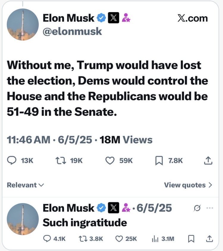 Damaan4u33's tweet photo. Elon Musk posted this after he and Donald Trump had a falling out last year. 

They're buddy, buddy, once again. Your vote in the midterms is extremely important. Don't stay home!

We need to vote in NUMBERS that are too massive to be manipulated! 🌊🗳️ https://t.co/SdsymcFsue
