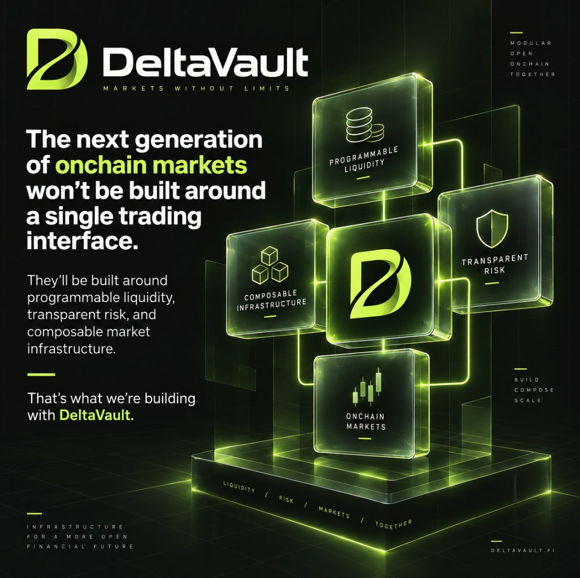 DeltaVault_io's tweet photo. The next generation of onchain markets won't be built around a single trading interface.
They'll be built around programmable liquidity, transparent risk, and composable market infrastructure.
That's what we're building with DeltaVault. https://t.co/HsgNV8IrLN