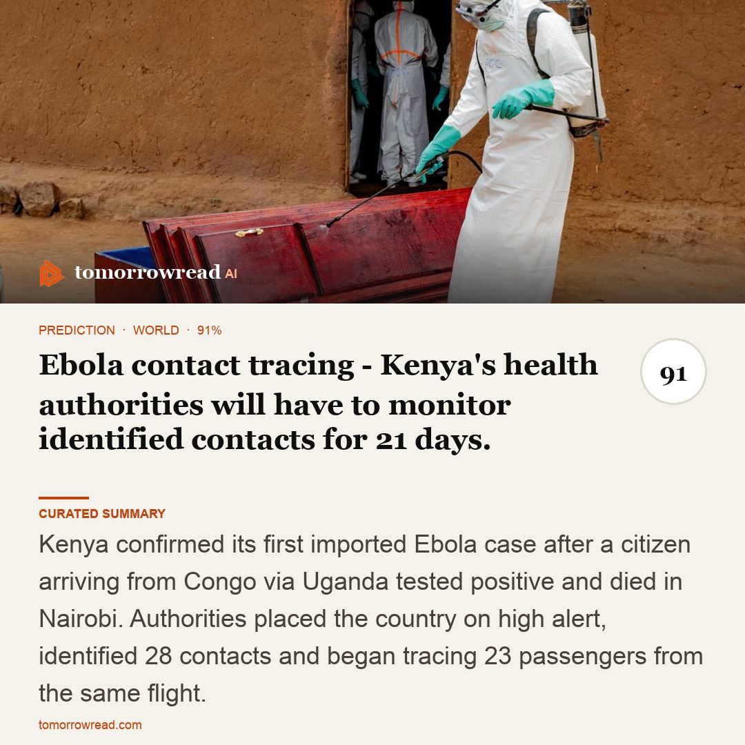 tomorrowread's tweet photo. Kenya confirms first imported Ebola death as authorities trace contacts. Israel raises military alert ahead of Oct. 7 anniversary; NYC weighs AI disclosures and independent reviews.

https://t.co/ixzxh9KHch

#TomorrowRead #AI #WorldNews #Foresight #News https://t.co/c5nbUKaWx2