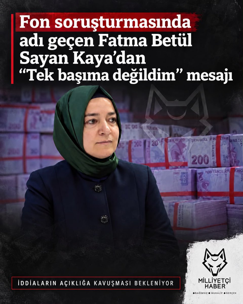 hbrmilliyetci's tweet photo. Fon soruşturması kapsamında adı gündeme gelen eski AK Parti İstanbul Milletvekili ve eski Aile ve Sosyal Hizmetler Bakanı Fatma Betül Sayan Kaya hakkında yeni bir iddia ortaya atıldı.

Soruşturma kapsamında Kaya’nın, kendisine yöneltilen iddialarla ilgili olarak “Tek başıma değildim” şeklinde bir mesaj gönderdiği öne sürüldü.

Söz konusu ifade, soruşturmanın kapsamı ve olası bağlantılar konusunda yeni soru işaretlerini beraberinde getirdi. Kaya’nın mesajında kimi veya hangi kişi ya da kişileri kastettiği ise henüz netlik kazanmış değil.

Kamuoyunun merak ettiği temel soru ise şu:
Soruşturma kapsamında başka hangi isimlerin bilgisine başvurulacak ve iddiaların arka planında kimler bulunuyor?

Soruşturmanın ilerleyen aşamalarında ortaya çıkacak bilgi ve belgelerin, “Tek başıma değildim” ifadesinin ne anlama geldiğini açıklığa kavuşturması bekleniyor.

İddialara ilişkin ilgili kişi ve kurumlardan gelecek açıklamalar kamuoyuyla paylaşılmaya devam edecek.