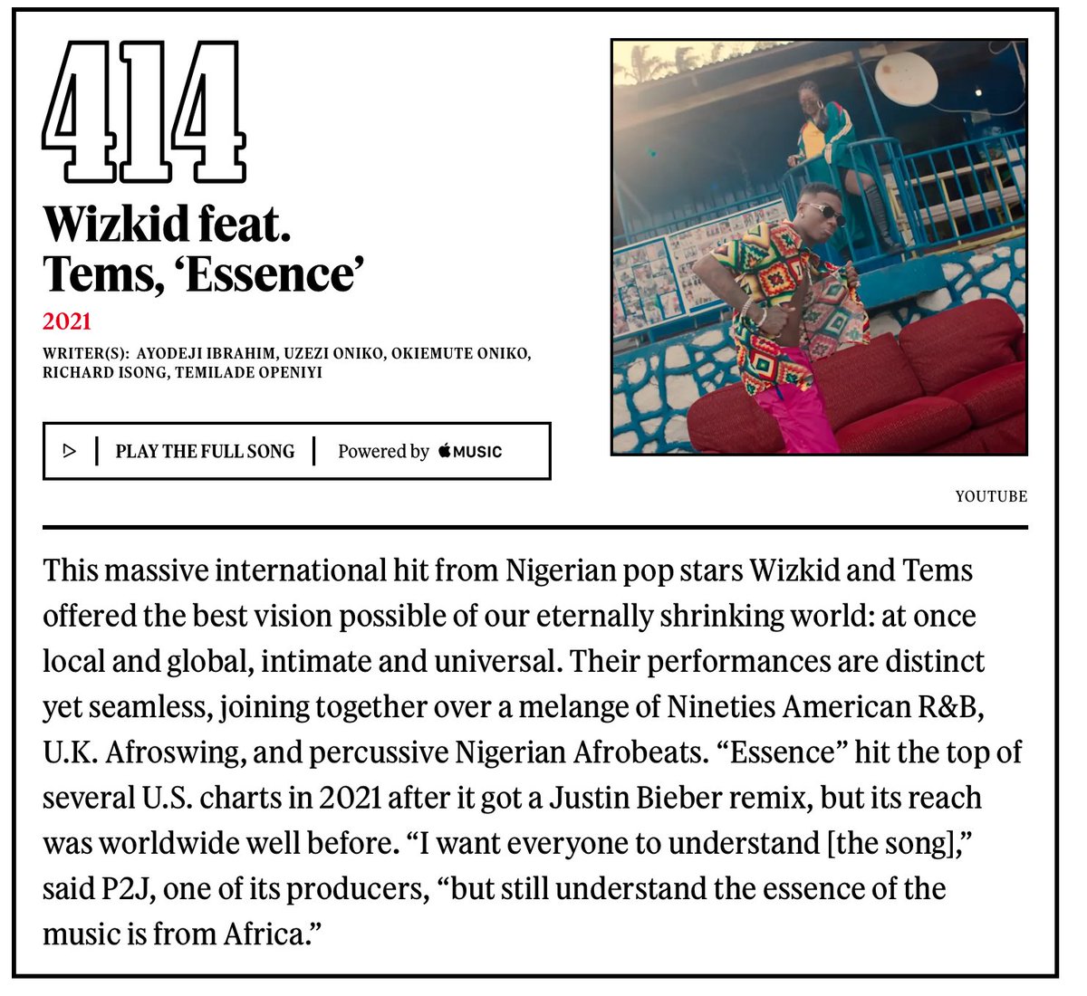 chartsafrica's tweet photo. Did You Know?

"Essence" by Wizkid and Tems is the only African song to make it on RollingStone's Top 500 Greatest Songs of All Time... https://t.co/b1W3jjhb8G