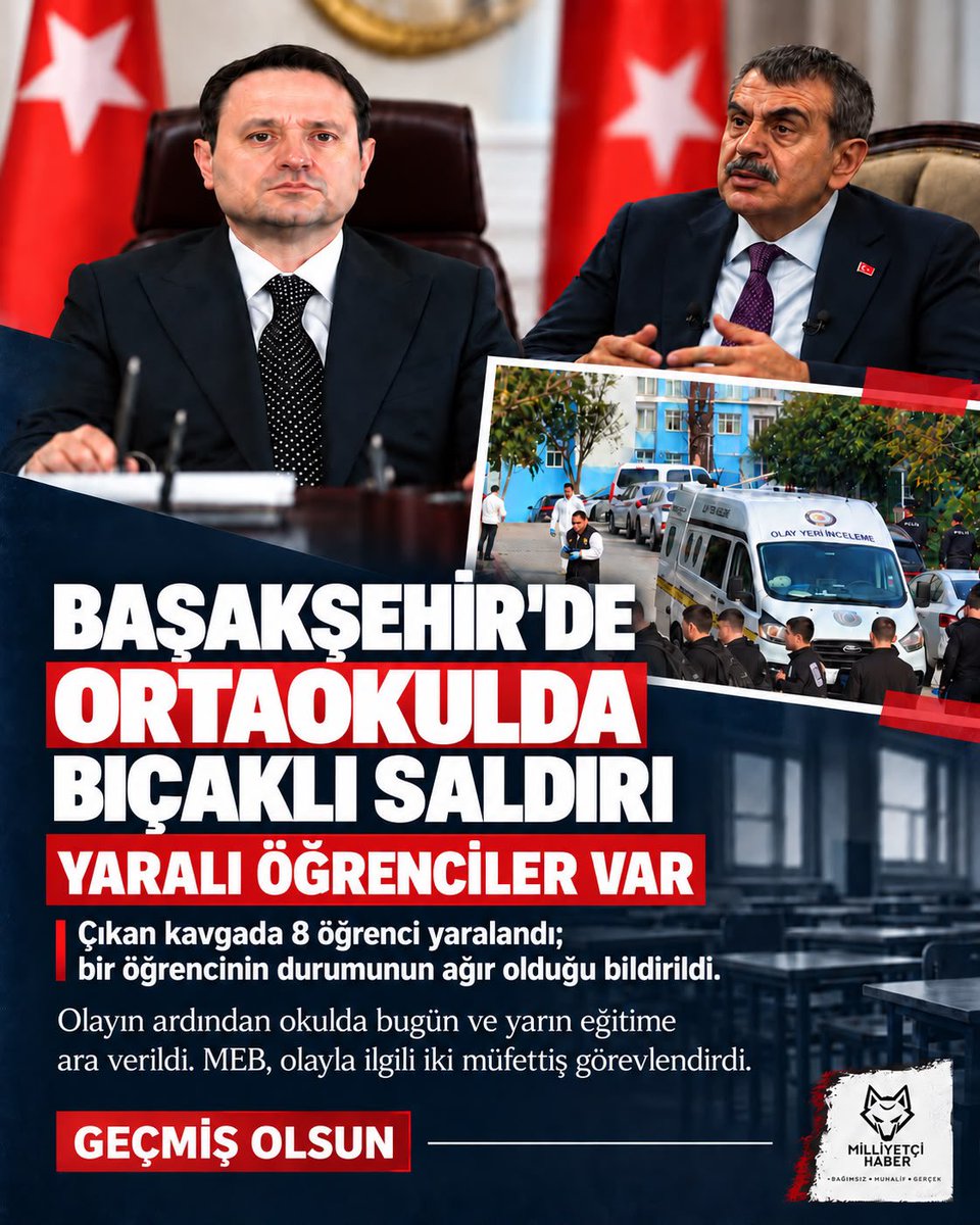 hbrmilliyetci's tweet photo. Başakşehir’de okul önünde bıçaklı saldırı: Öğrenciler yaralandı

İstanbul Başakşehir’de bir okulun önünde meydana gelen bıçaklı saldırı paniğe neden oldu.

Edinilen bilgilere göre, sabah saatlerinde yaşanan olayda öğrencilerin bulunduğu sırada bıçaklı saldırı gerçekleşti. Olayın ardından bölgeye çok sayıda polis ve sağlık ekibi sevk edildi.

Saldırıda yaralanan öğrenciler, sağlık ekiplerinin ilk müdahalesinin ardından çevredeki hastanelere kaldırıldı. Yaralı öğrencilerden bazılarının durumunun ağır olduğu öğrenildi.

Olayla ilgili bir şüpheli gözaltına alınırken, polis ekipleri okul çevresinde güvenlik önlemlerini artırdı.