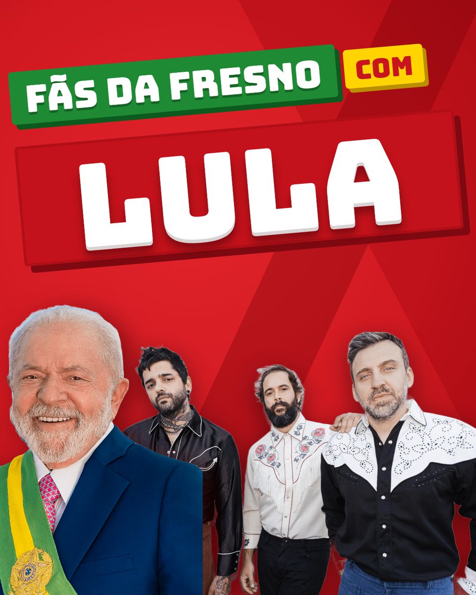 NewsFresno's tweet photo. ⭐ FÃS DA FRESNO COM LULA! Fandom também é voz: em defesa da democracia, da justiça social e de cultura e shows para todo mundo. Não votou no 1º turno? Pode votar no 2º, domingo, 25/10.
#FandomsComLula #Fresno https://t.co/AkzVz1zyV1