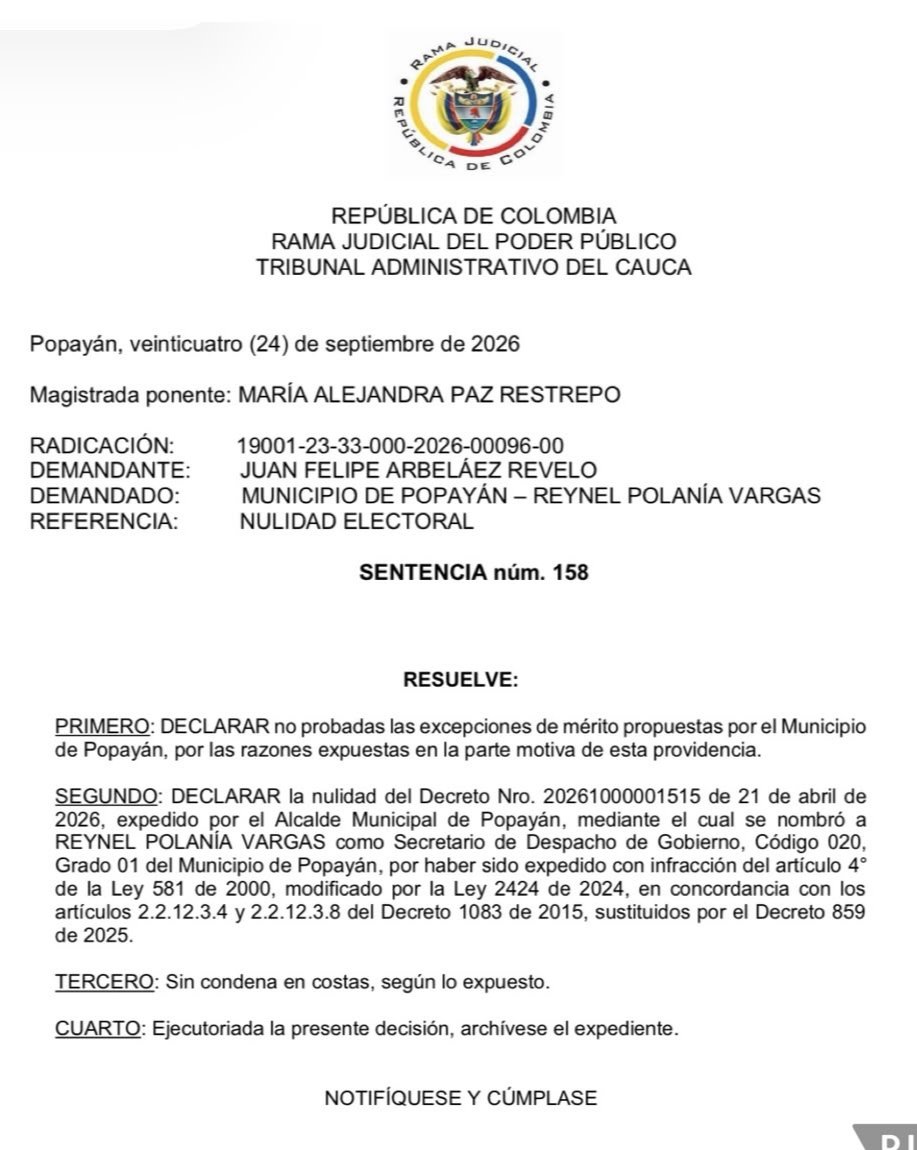 Notivision_Col's tweet photo. Tribunal Administrativo del Cauca con Sentencia 158, declara nulidad del decreto que nombró a Reynel Polanía Vargas como Secretario de Gobierno de Popayán.

¿Qué opinan de este control del Tribunal sobre los nombramientos de la administración? https://t.co/nR1DTuIbv8