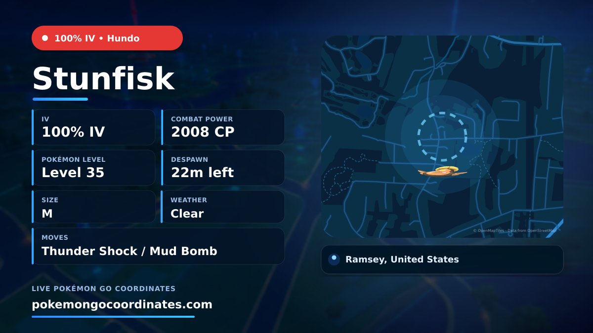 CoordsPokemonGo's tweet photo. #Stunfisk Wild Spawns
π―% IV β’ 2008 CP β’ Level 35
Despawns in 22m
π 41.054574,-74.165328
#100IVLevel35 β’ #ShinyPokemon https://t.co/WbnM5r0U9L