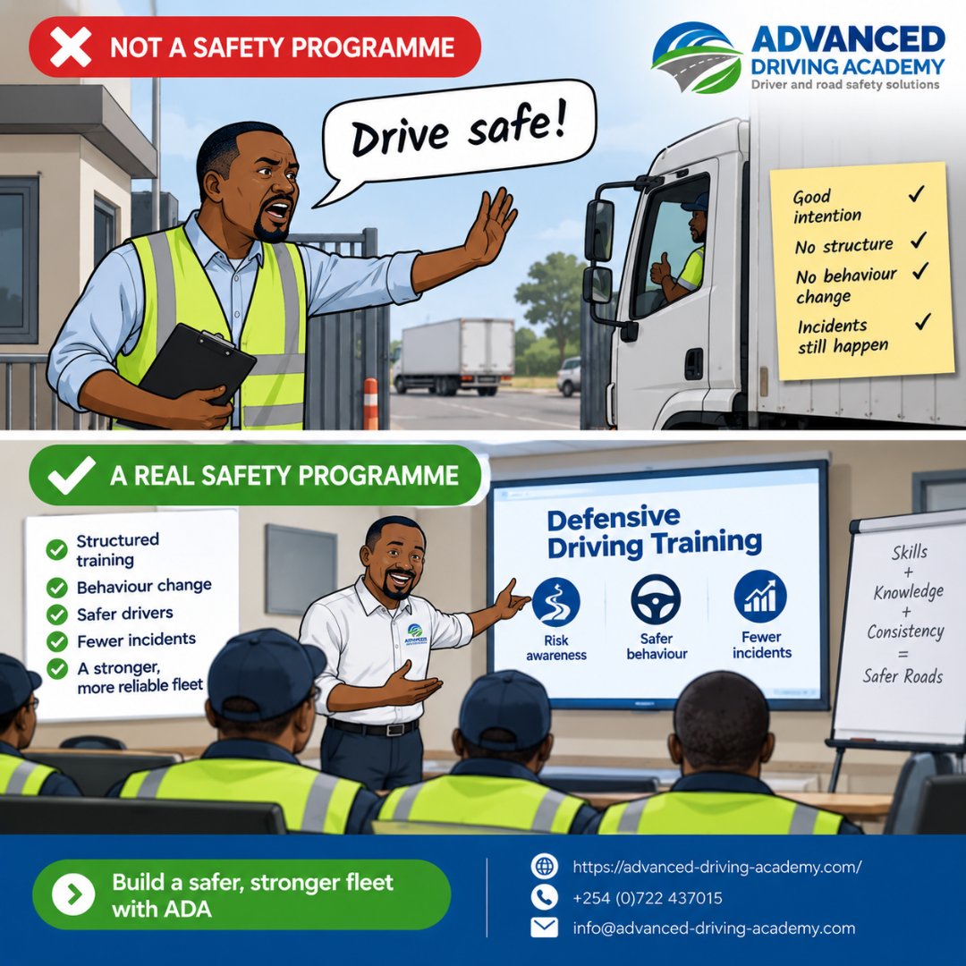 adaafricax's tweet photo. "Drive safe!" is not a safety programme. Structured training, behaviour change and consistency are. That is how fleets reduce incidents for real.
#DefensiveDriving #FleetSafety #SafetyCulture https://t.co/qj2bvAiqNa