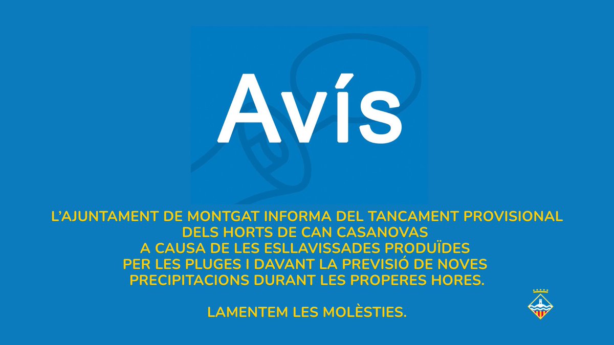 Montgat's tweet photo. ⚠️ TANCAT TEMPORALMENT L’ACCÉS ALS HORTS
A causa de les esllavissades produïdes per les pluges i davant la previsió de noves precipitacions durant les properes hores
⛔ L’accés queda restringit fins a nou avís
🙏 Disculpeu les molèsties i respecteu les indicacions de seguretat https://t.co/F0ryw9Norv