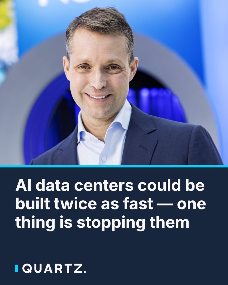 qz's tweet photo. AI data centers could be built twice as fast — one thing is stopping them
Nokia's CEO says the AI buildout isn't overheating — it's supply-constrained, and demand is so strong that even a three-year pause on new frontier models wouldn't
#AIInfrastructure #NokiaCEO #DataCenters https://t.co/VI7w9Ofxik