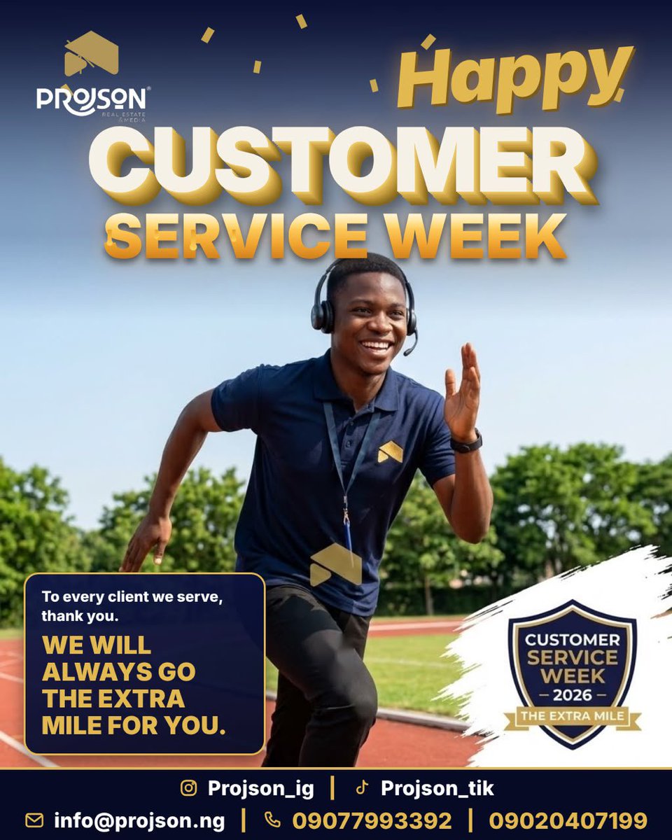 projson_tw's tweet photo. Happy Customer Service Week! π‘β¨
To every client who trusts us with their property and media needs: thank you. At Projson, going the extra mile is how we work every day.
Call or message us today
#projson #CustomerServiceWeek #TheExtraMile #LagosRealEstate #ClientFirst https://t.co/6K6kB5rOKK