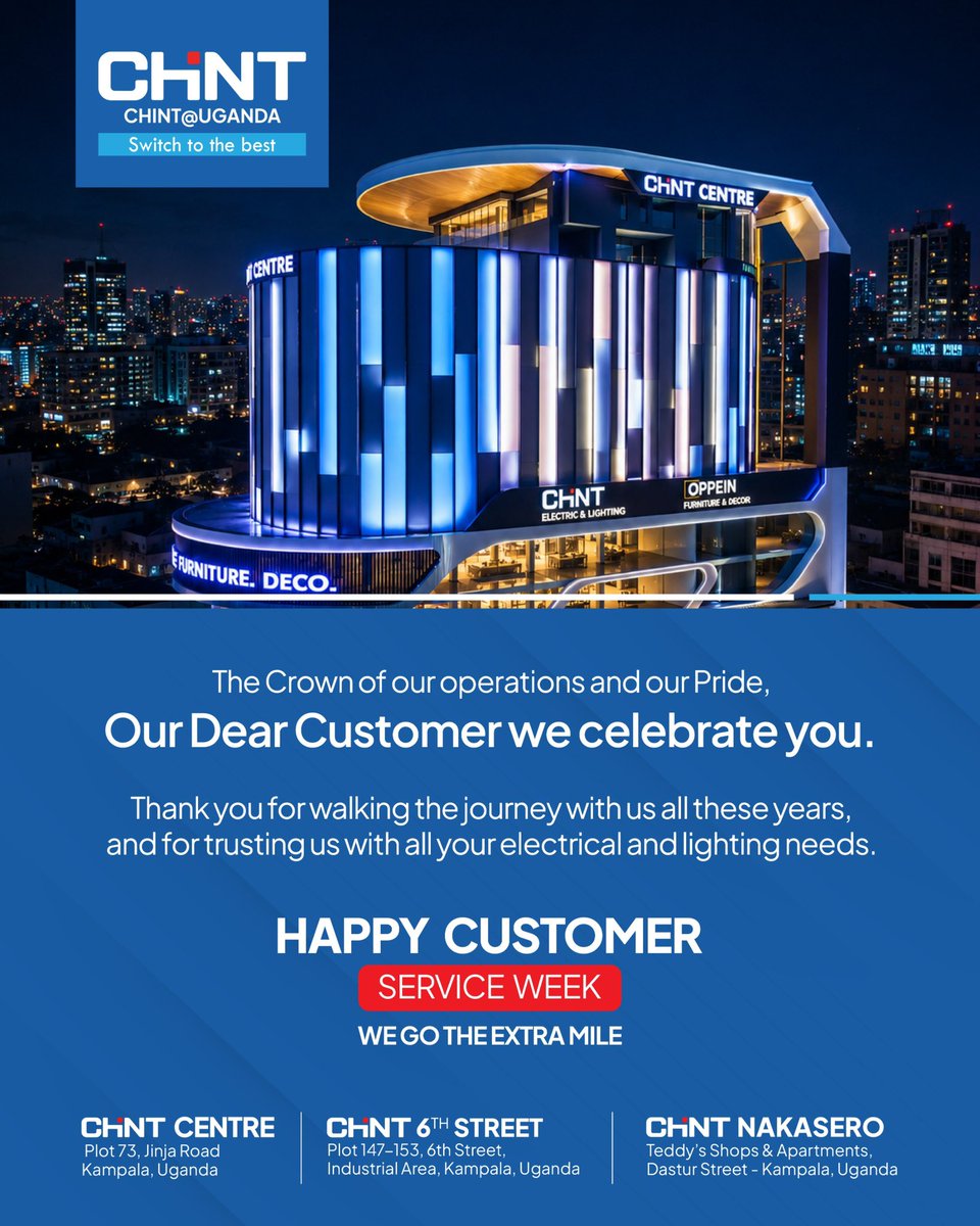 CHINTUganda's tweet photo. To our valued customers, you are at the heart of everything we do. ❤️
Thank you for trusting CHINT Uganda with your electrical and lighting needs and for walking this journey with us.
Happy Customer Service Week!
We go the extra mile for you.
#CHINTUganda  
#SwitchToTheBest https://t.co/XWZuQ0S2BH