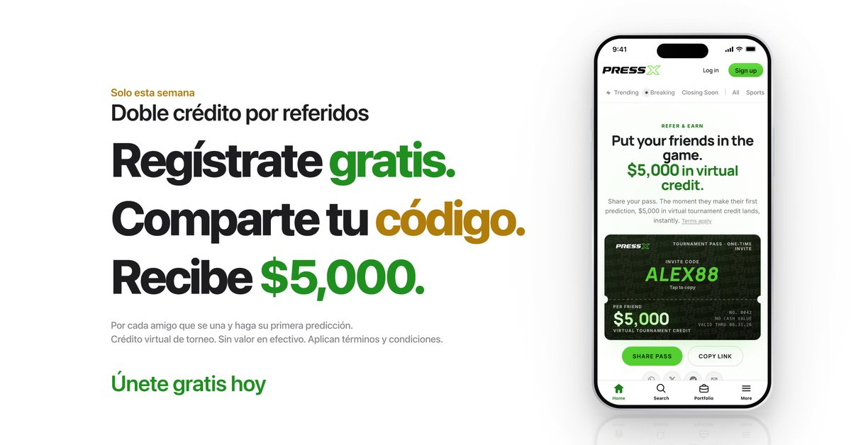 PressX_Global's tweet photo. Solo esta semana 🚨: DOBLE crédito por referidos. Comparte tu código y recibe 5,000 créditos virtuales por cada amigo que se una.