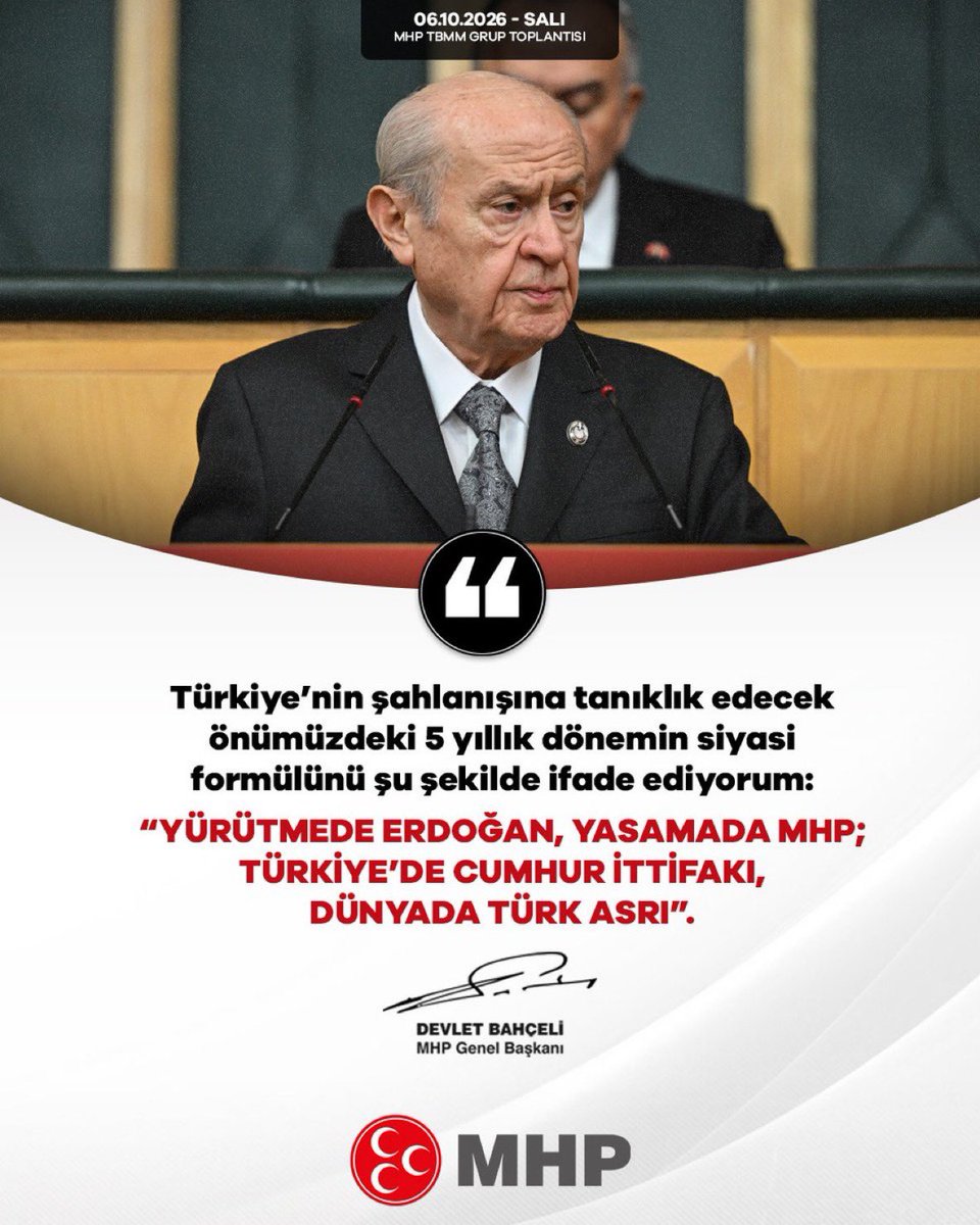 halilburakarkaz's tweet photo. Türkiye’nin şahlanışına tanıklık edecek önümüzdeki 5 yıllık dönemin siyasi formülünü şu şekilde ifade ediyorum:
“Yürütmede Erdoğan, Yasamada MHP; Türkiye’de Cumhur İttifakı, dünyada Türk Asrı”.

MHP Genel Başkanı,
Liderimiz Devlet BAHÇELİ https://t.co/2NplVqFsOL