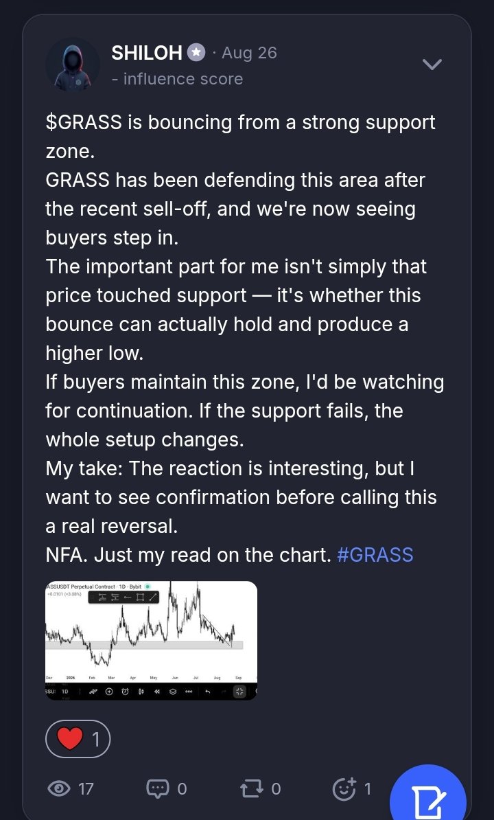 ShilohOnchain's tweet photo. $GRASS support call from Aug 26 just played out — +100%+ since.

Said I wanted confirmation before calling a reversal. Got it.

NFA, just process > noise.

#CryptoPump https://t.co/Ve2j3QgciG