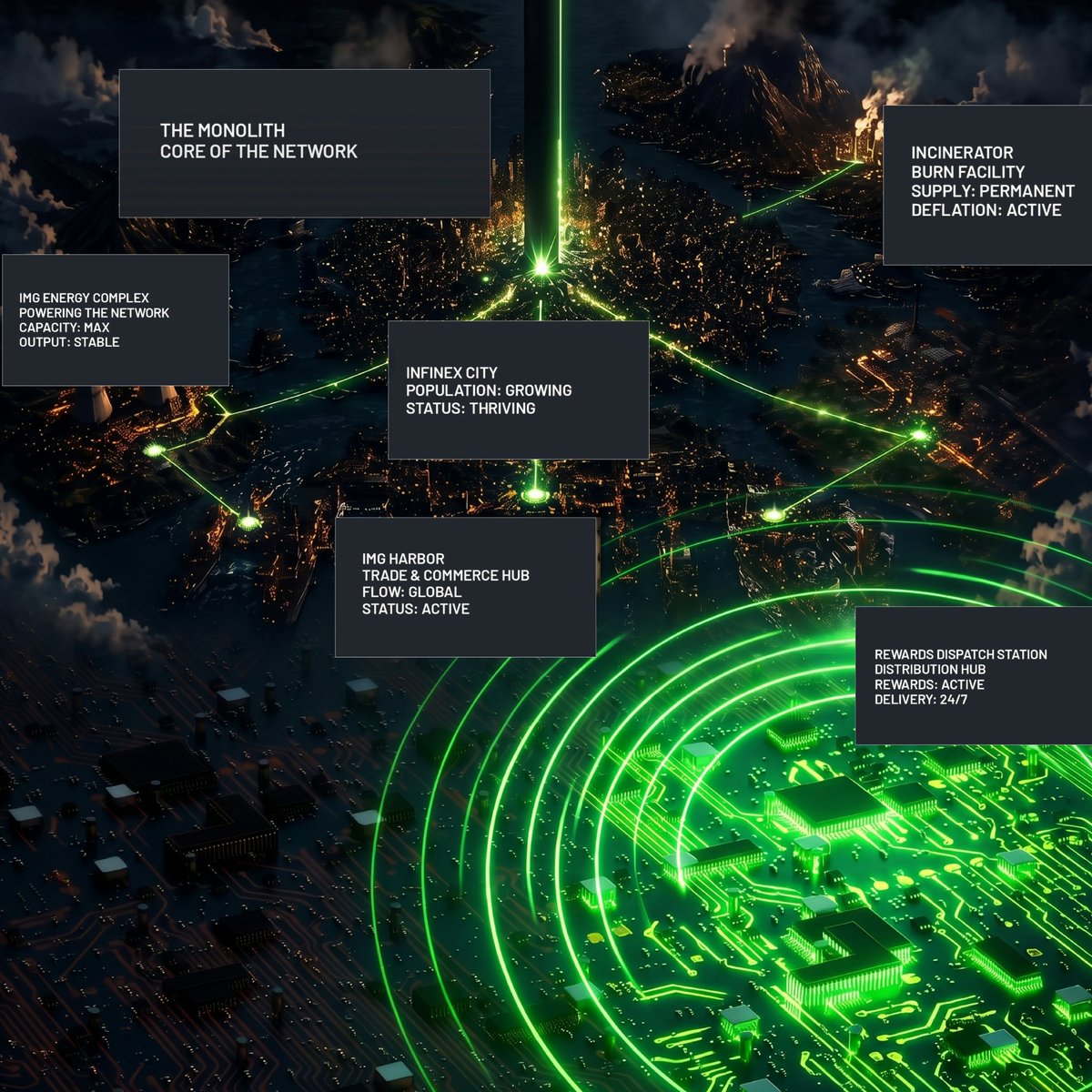 IMGLivingCards's tweet photo. Here is the map of the LCE ecosystem in full view.

IN FOCUS: REWARDS DISPATCH STATION
The fortified distribution hub of the network, dispatching rewards around the clock behind walls of glass-dark stone. The Obsidian and Iron orders have escorted every delivery since the first flicker, and not one shipment has been lost.

At the Rewards Dispatch Station, you'll find cards and characters like Leviathan, Celestine, Kazuma, Xylo, and many more...

Above all, witness the waves of rewards spreading across the city, entering your Solana wallet automatically 24/7. 

Glitch can't be stopped!