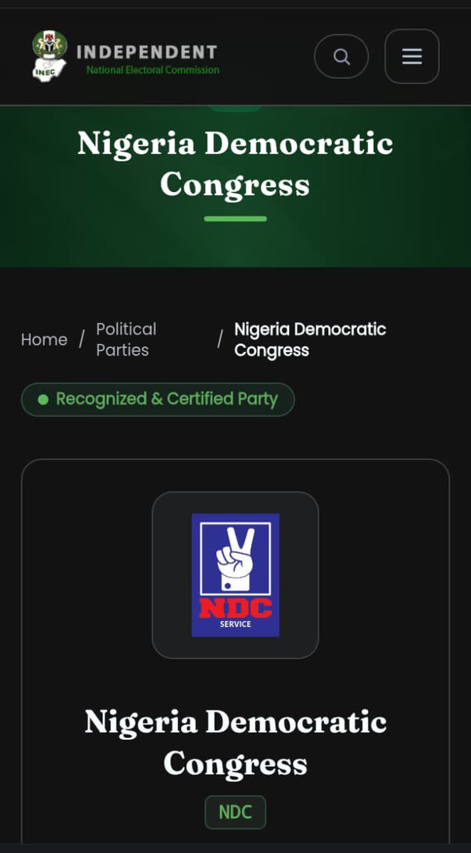 William42912222's tweet photo. BREAKING NEWS!

 INEC OFFICIALLY UPDATES NDC LOGO ON ITS WEBSITE

 The Independent National Electoral Commission (INEC) has officially updated the Nigeria Democratic Congress (NDC) logo on its official portal today, October 6, 2026, https://t.co/rrg4UZnPvy