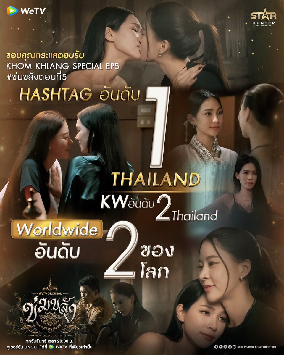 Khomkhlang_STH's tweet photo. 🔥 สมแล้วจริงๆEP5 ครบทุกรส!! “ข่มขลัง” EP.5 ฟินสนั่นโลก เหมาอันดับ 1–2 ทั้งไทยและ Worldwide!

#ข่มขลังตอนที่5 ทะยานขึ้นเทรนด์ X
🥇 อันดับ 1 ประเทศไทย
🌎 อันดับ 2 Worldwide

พร้อม KHOM KHLANG SPECIAL EP5 ตามมาติด ๆ
🥈 อันดับ 2 ประเทศไทย
🌎 อันดับ 3 Worldwide

💗 ขอบคุณทองส์ทุกคนเลยน๊า EPนี้สุดจริงๆพบพระพบลิงจำนวนมาก😂 รักทุกคนเลยน๊า💗 พบกันตอนต่อไปครับ 

🪷 WeTV Original “ข่มขลัง” (Khom Khlang The Series)

🗓️ ทุกวันจันทร์ เวลา 20:00 น.
📲 ดูเวอร์ชัน UNCUT ได้ที่ WeTV ที่เดียวเท่านั้น
✨  https://t.co/BTfRwTrLgE

#ข่มขลังตอนที่5
#ข่มขลัง #KhomKhlangTheSeries
#PuinoonBint #WeTVth #WeTVOriginal
#StarHunterEntertainment