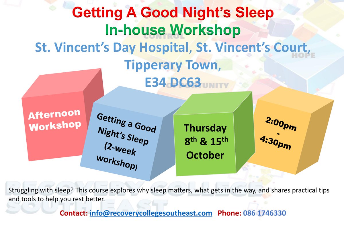 RecoverySe's tweet photo. Reminder! Getting a Good Night's Sleep starts this Thursday 

Thurs 8th &amp; 15th Oct | 2-4.30pm
📍 St. Vincent's Day Hospital, Tipperary Town
📧 info@recoverycollegesoutheast.com 
📞 086 1746330
#RecoveryCollege #TipperaryTown #SleepHealth https://t.co/Chk4o8Vhu2