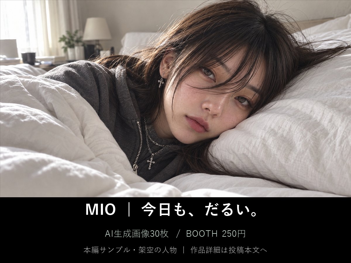 K75867567's tweet photo. 気だるくて、少し無口。
ダウナーお姉さん「MIO」と過ごす、静かな日常。

『今日も、だるい。』
AI生成画像30枚・250円／BOOTH
画像は本編サンプル。架空の人物です。

作品はこちら
https://t.co/0GyeBdeyoR
#AI美女 #BOOTH https://t.co/Tz92Psom30